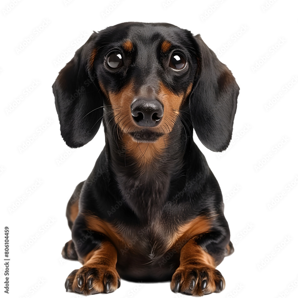 A Dachshund, long and low, with a playful expression, on a transparent background