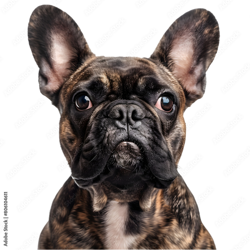 A French Bulldog with large bat-like ears and a brindle coat, on a transparent background