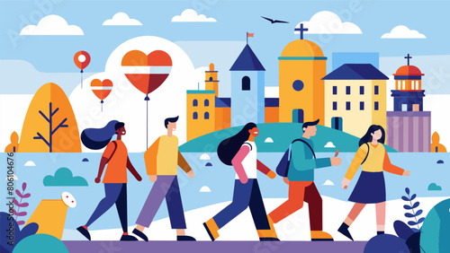 A guided walking tour through the city highlighting locations and landmarks that promote mental health and positivity.. Vector illustration