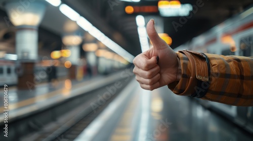Thumbs up sign. Woman's hand shows like gesture. Train station background hyper realistic 