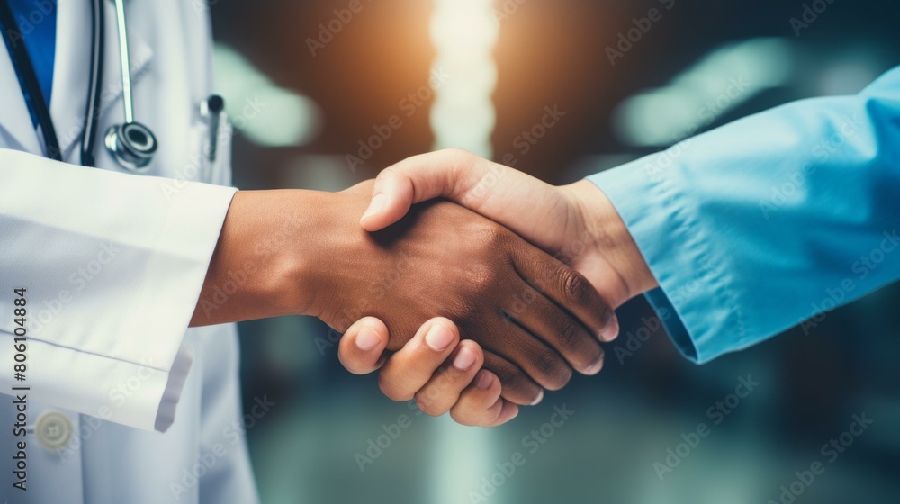 Doctor and patient shaking hands in agreement Doctor and patient shaking hands in agreement