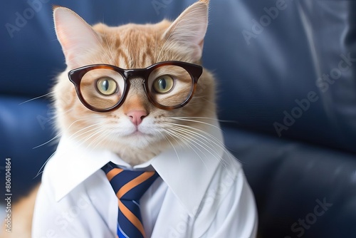 a cat wearing a tiny tie and glasses, sitting behind a laptop © Jammy