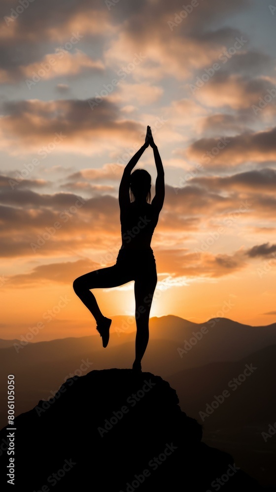 Yoga pose on the mountaintop at sunset
