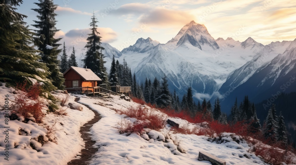 Fototapeta premium A wooden house in a snowy mountain landscape