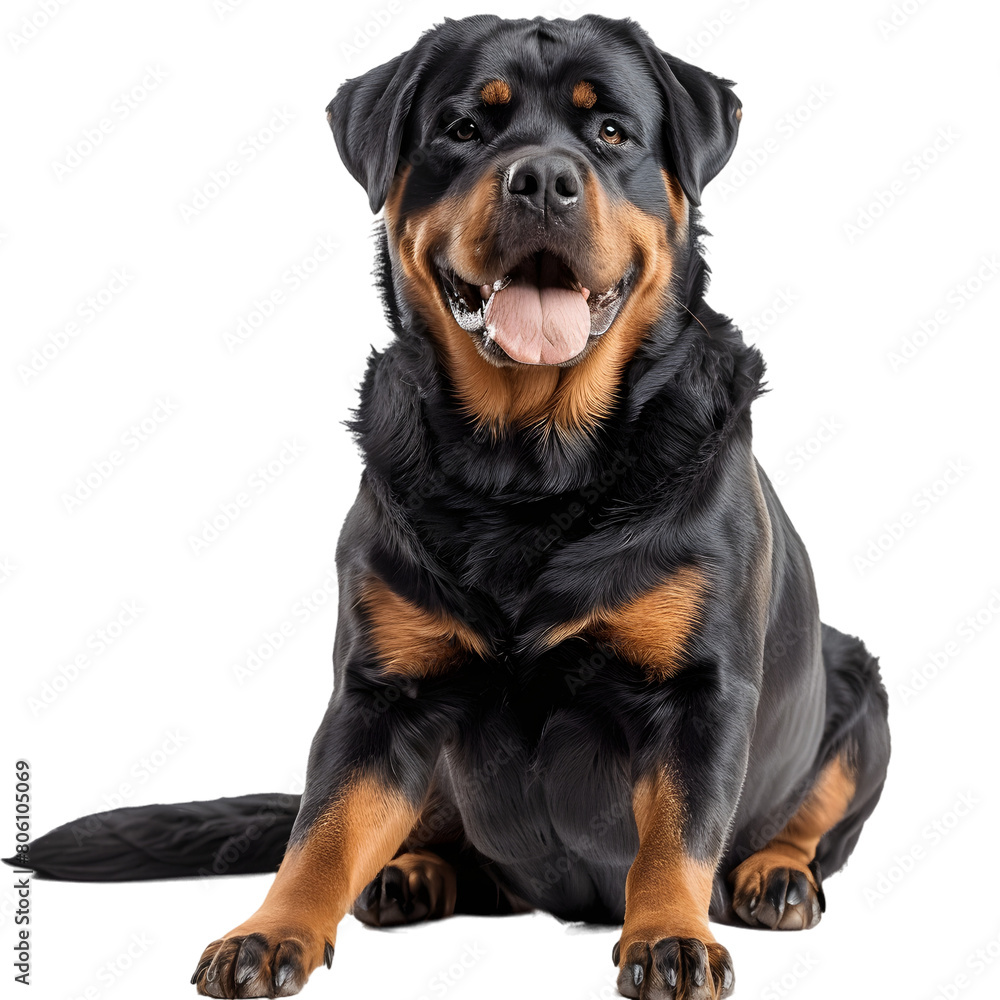 A Rottweiler, strong and confident, with a black and tan coat, on a transparent background
