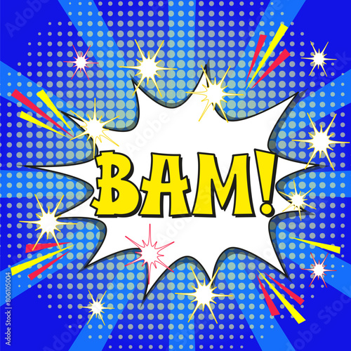 Comic lettering bam. Vector bright cartoon illustration in retro pop art style. Comic text sound effects. EPS 10.