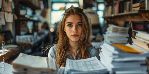 Portrait of a Young Woman Surrounded by Piles of Paperwork photo