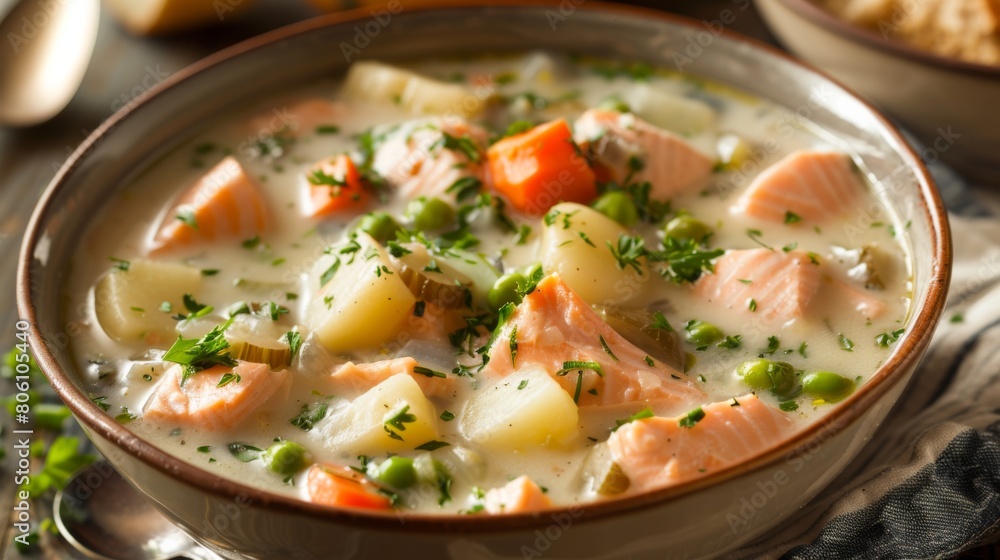 A bowl of comforting salmon chowder, filled with chunks of tender fish, potatoes, and vegetables in a creamy broth.