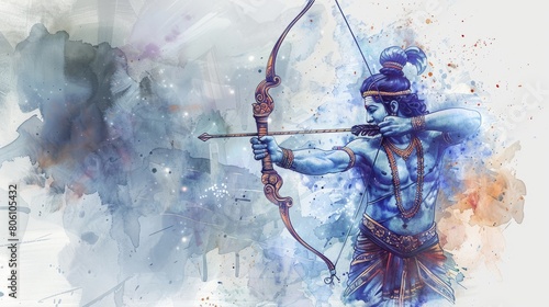 Watercolor illustration of lord rama with a bow and arrow for ram navami celebration. hyper realistic  photo