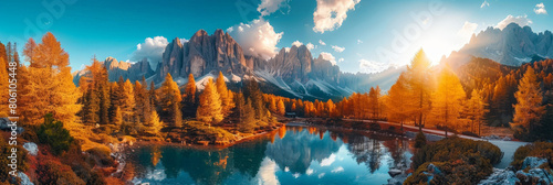  mountain landscape with golden trees and lake in autumn. nature mountain background.banner