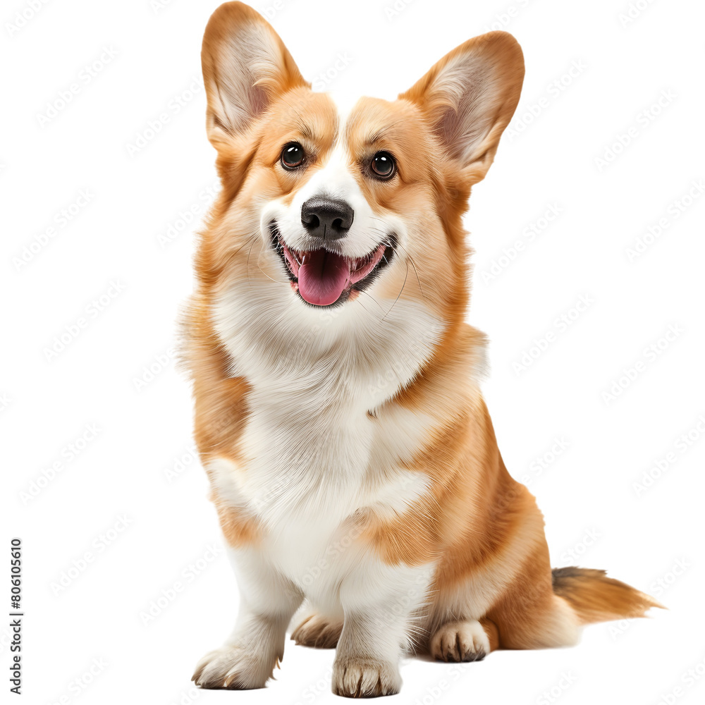 A Corgi with short legs and a long body, its fluffy coat and perky ears on display, on a transparent background.