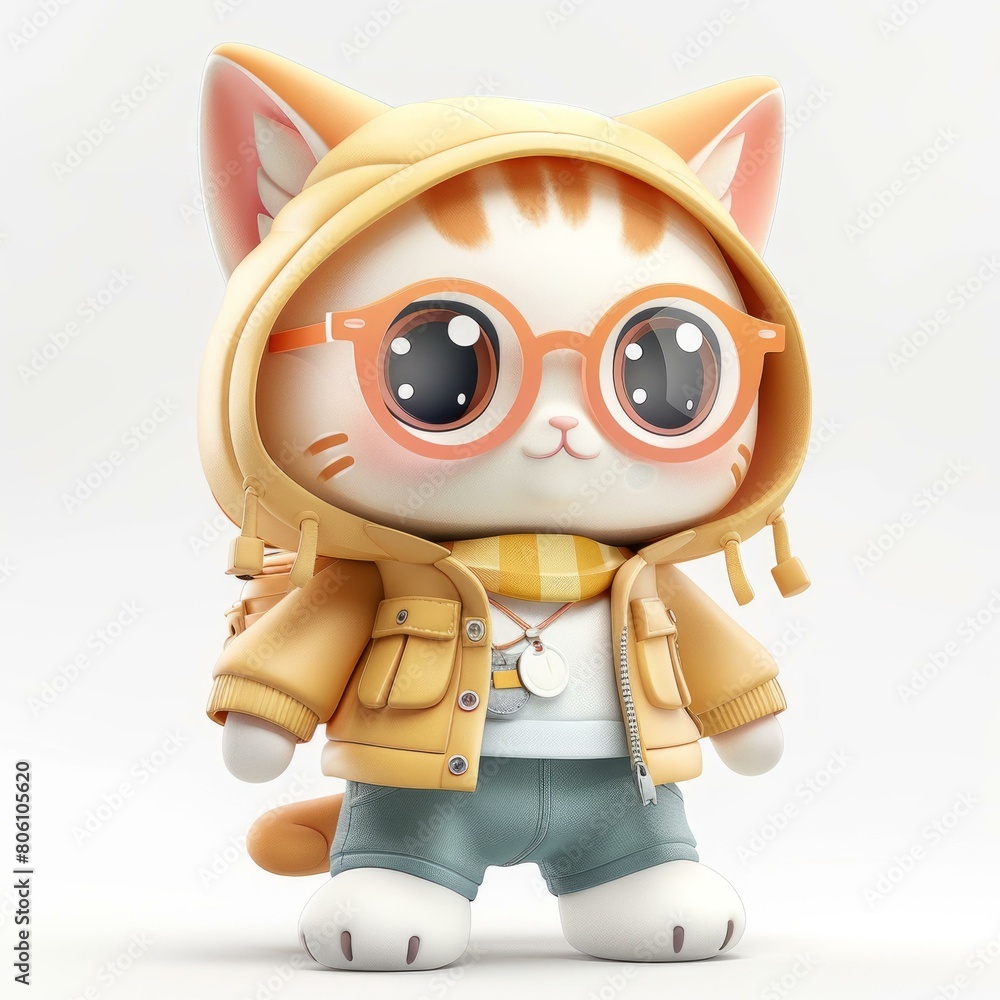 3D illustration of an anime cat wearing a yellow hoodie and glasses