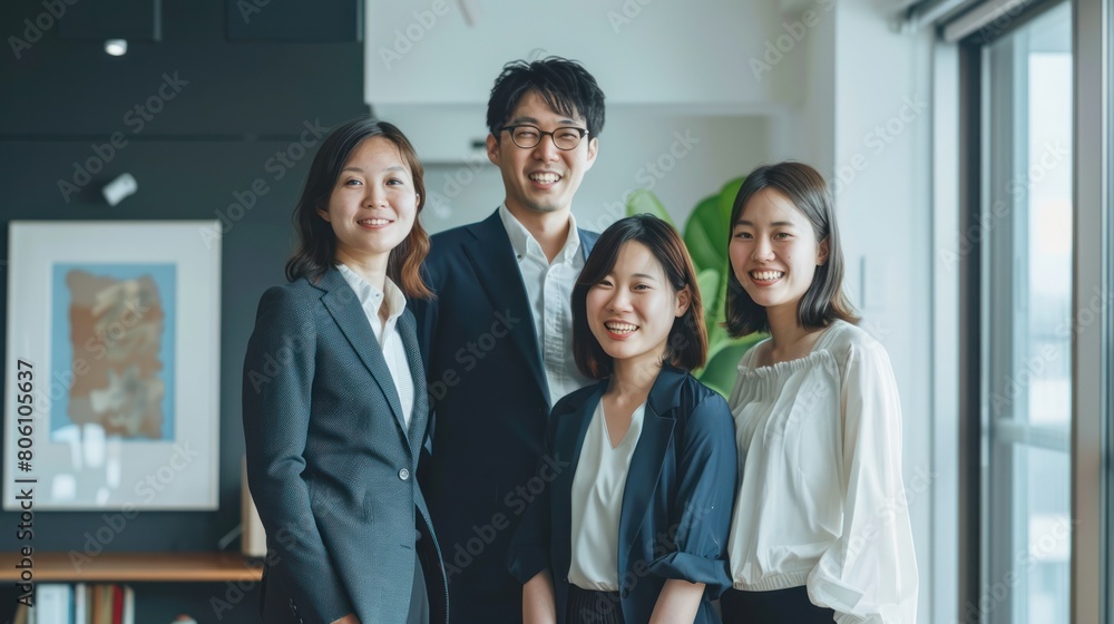 Obraz premium Successful Asian young office workers team smiling and standing together in Startup office.