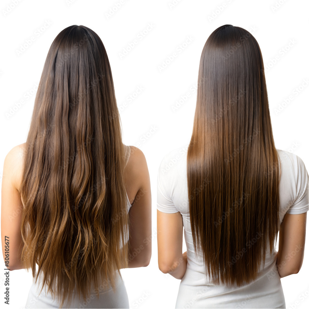 Two women displaying hair before and after a straightening treatment Two women displaying hair before and after a straightening treatment