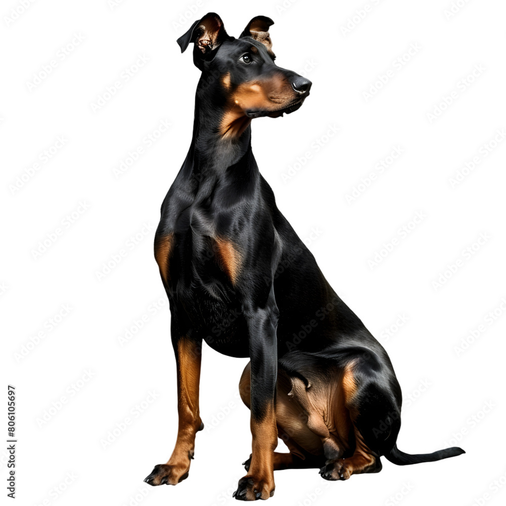 A Doberman Pinscher, sleek and powerful, with an attentive stance, on a transparent background.