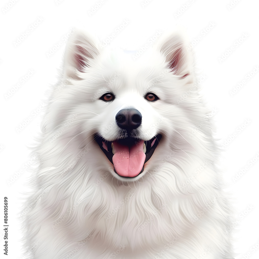 A Samoyed with a smiling face and fluffy white coat, looking playful, on a transparent background. A Samoyed with a smiling face and fluffy white coat, looking playful, on a transparent background.