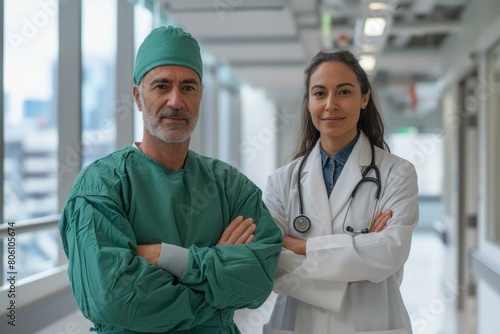 Portrait of a male and female doctor in a hospital hallway