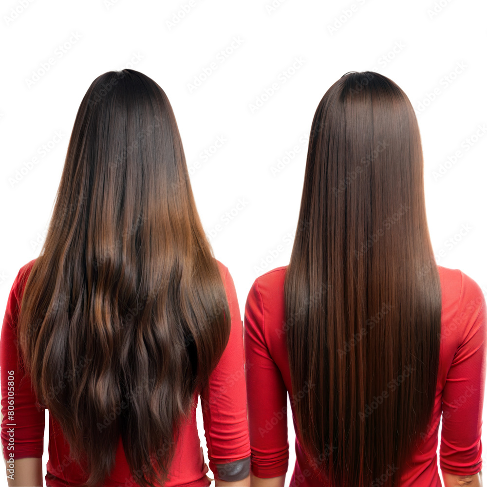 Back view of two women with sleek hair and red tops Back view of two women with sleek hair and red tops
