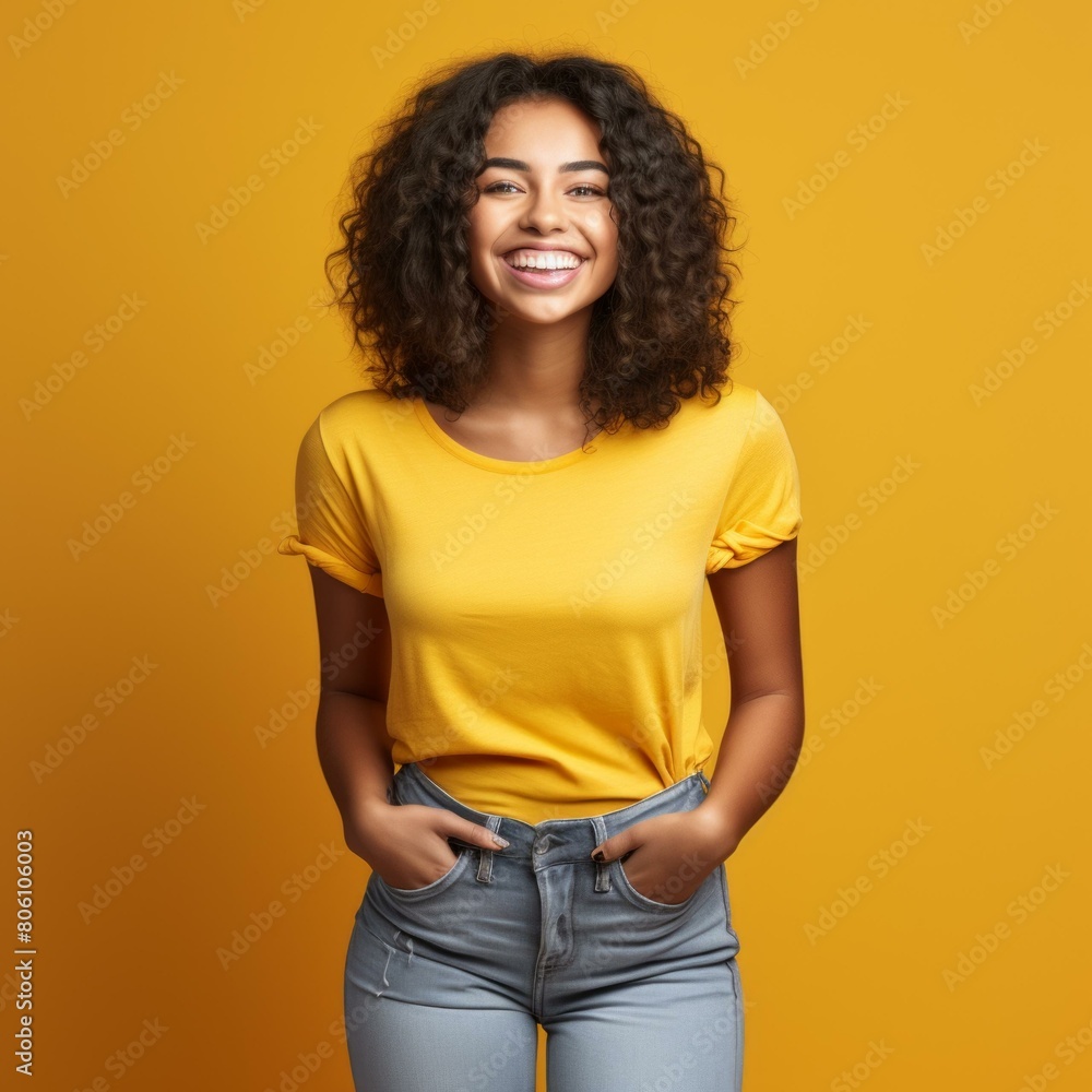 A young woman with curly hair smiles happily while standing against a yellow background A young woman with curly hair smiles happily while standing against a yellow background