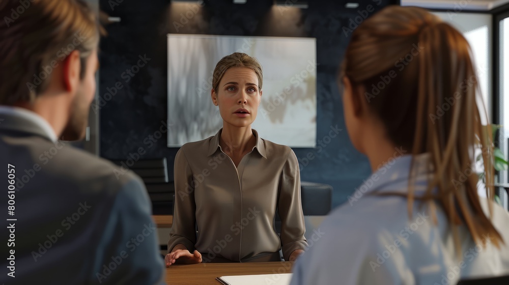 Woman explaining the plan to office team hyper realistic 