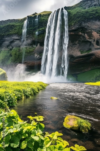 Waterfall in a valley with green plants in the foreground