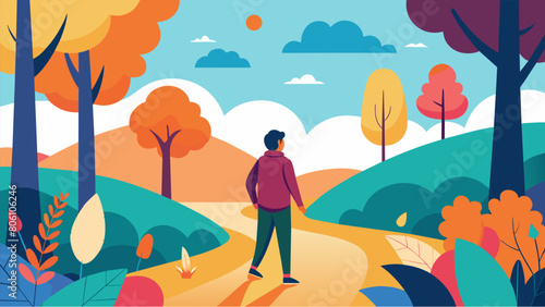 A person walking through a forest observing the changing seasons and embodying the Stoic belief in being present and at peace with nature.. Vector illustration