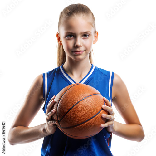 A poised girl in a blue jersey holding a basketball © Mustafa