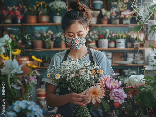 Asian woman wearing a mask arranging flowers in a flower shop