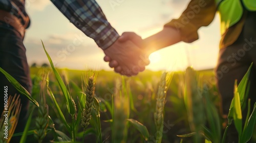 Workers shake hands against the background of a field sown with green shoots of young wheat. hyper realistic  photo