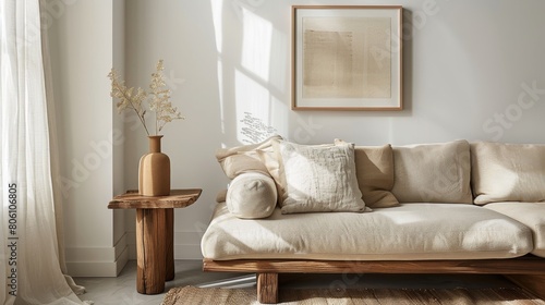 Resting on a wooden side table beside a couch  Minimalism  Functional Furniture  The frame rests on a wooden side table next to a cozy couch  creating a minimalist and functional vignette