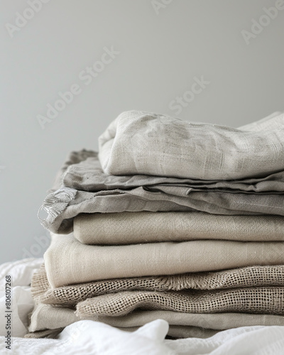 Pile of linen fabrics, neatly folded stack of linen in various shades of beige, fabrics textiles, neutral colours