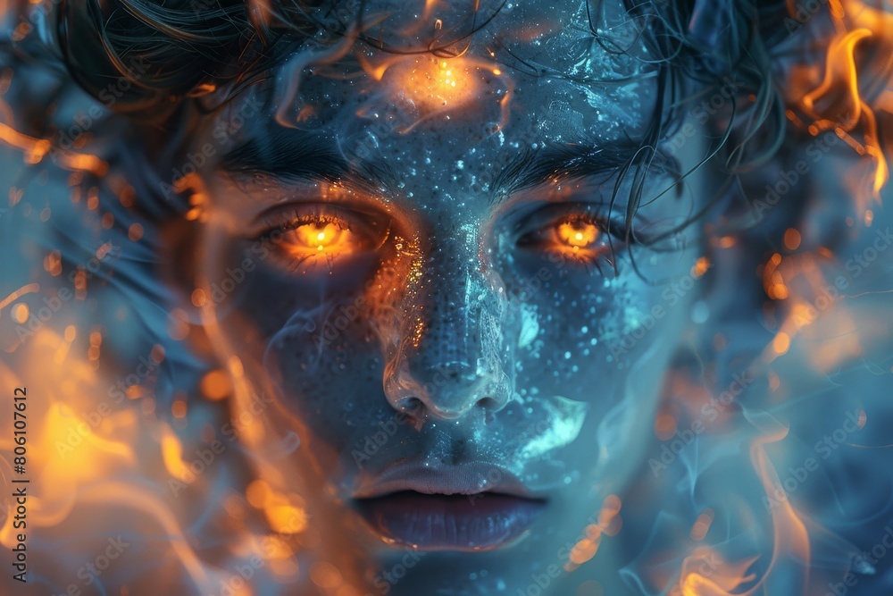 Cosmic energy intertwines with the human mind in this abstract illustration, with vibrant patterns and energy emanating from the face and eyes. Cosmic energy intertwines with the human mind in this abstract illustration, with vibrant patterns and energy emanating from the face and eyes.