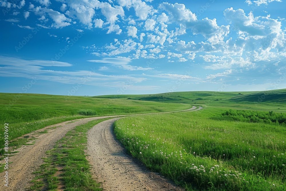 Fototapeta premium Country Road through the Green Fields