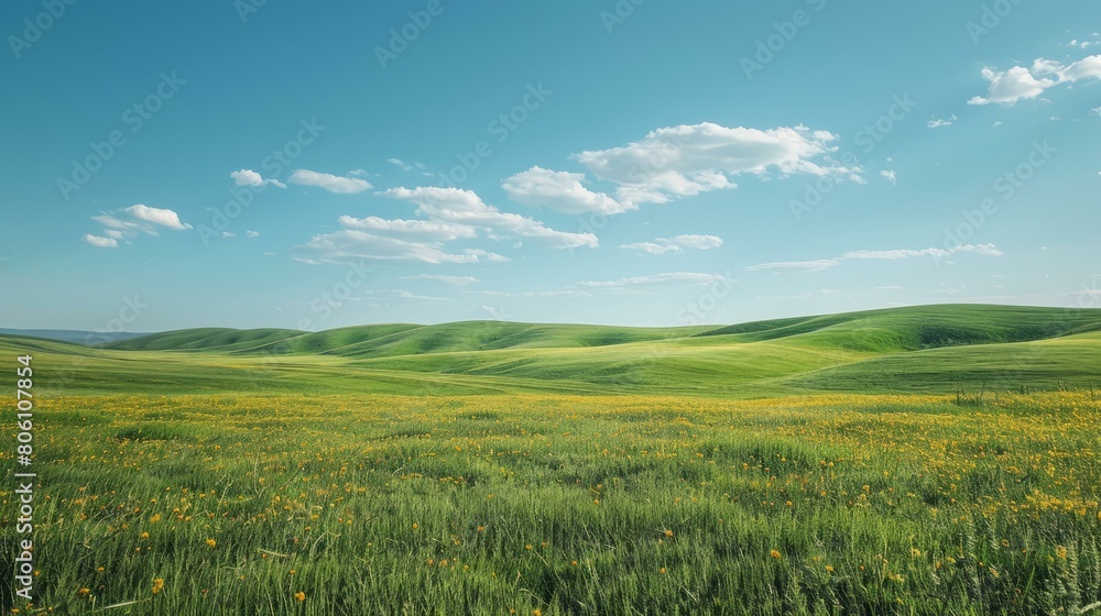 Vast green rolling hills under blue sky with white clouds Vast green rolling hills under blue sky with white clouds
