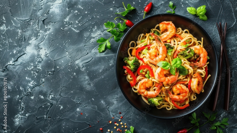 Stir fry noodle seafood in black bowl in slate background, copy space Stir fry noodle seafood in black bowl in slate background, copy space