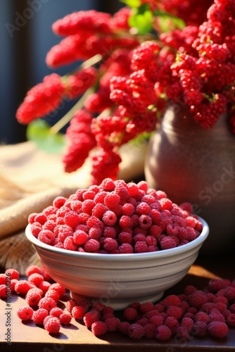 A bowl of fresh raspberries on a wooden table