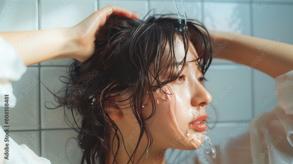 Asian woman washing her hair in the bathroom white tile background. Asian woman washing her hair in the bathroom white tile background.