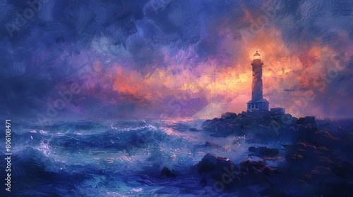 A lighthouse on a rocky coast with stormy sea