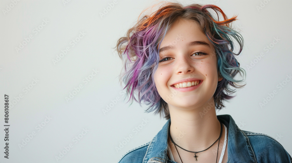 portrait of a young beautiful caucasian student with colored hair on a gray background portrait of a young beautiful caucasian student with colored hair on a gray background