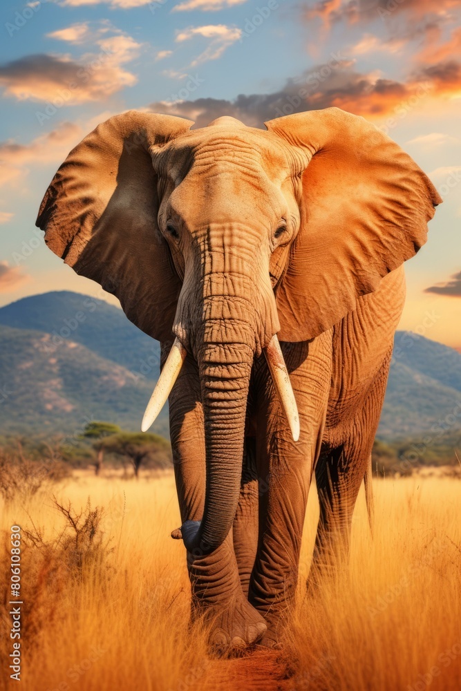 Majestic African Elephant Walking in the Golden Grasslands at Sunset