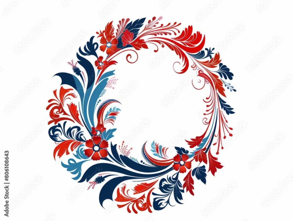 Elegant Floral Wreath in Patriotic Red, White, and Blue Colors. Design for background, graphic design, print, poster, interior, packaging paper Elegant Floral Wreath in Patriotic Red, White, and Blue Colors. Design for background, graphic design, print, poster, interior, packaging paper