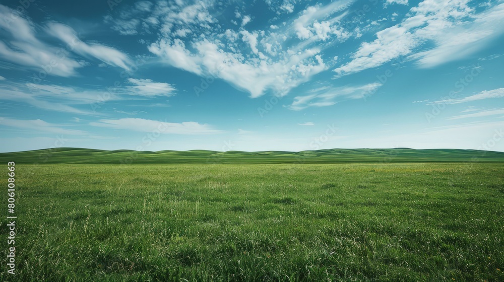 Vast green grassland under blue sky and white clouds Vast green grassland under blue sky and white clouds
