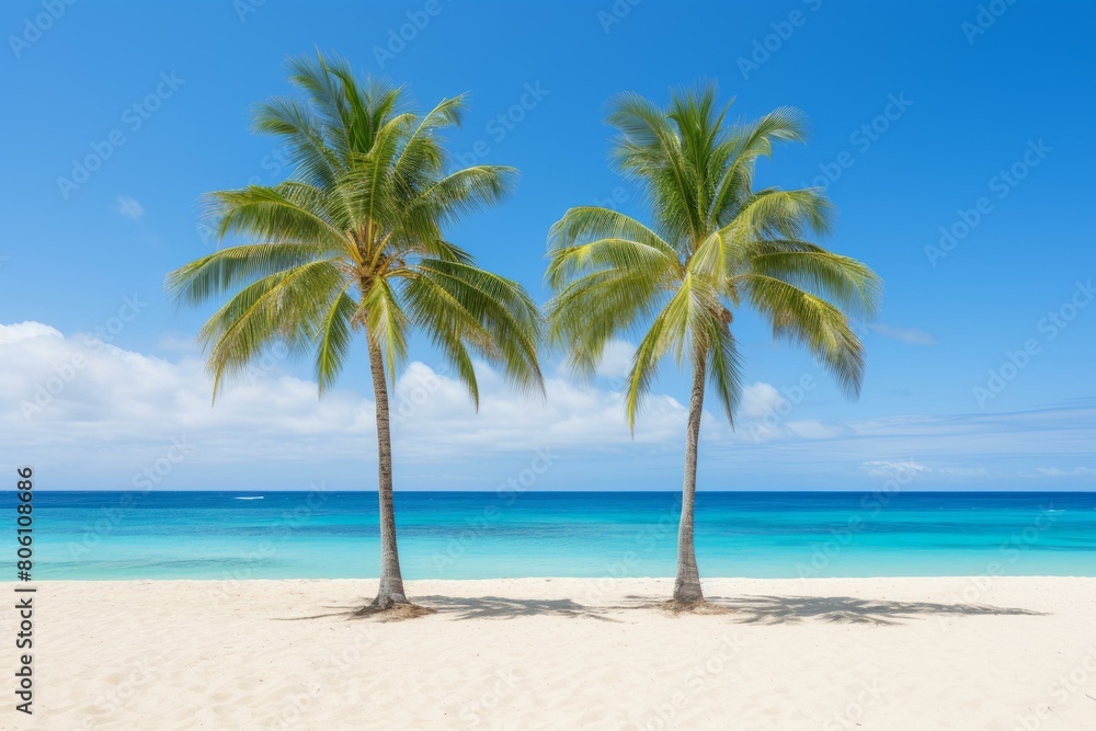 Two palm trees on a beach with white sand and blue ocean