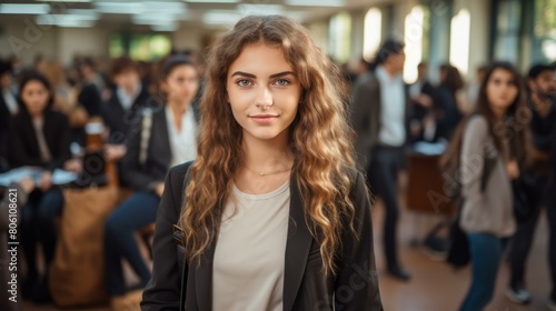 Wallpaper Mural Close-up portrait of a young female college student with long brown hair smiling confidently at the camera while standing in a busy university hallway Torontodigital.ca