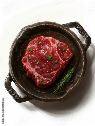 Raw steak in a frying pan photo