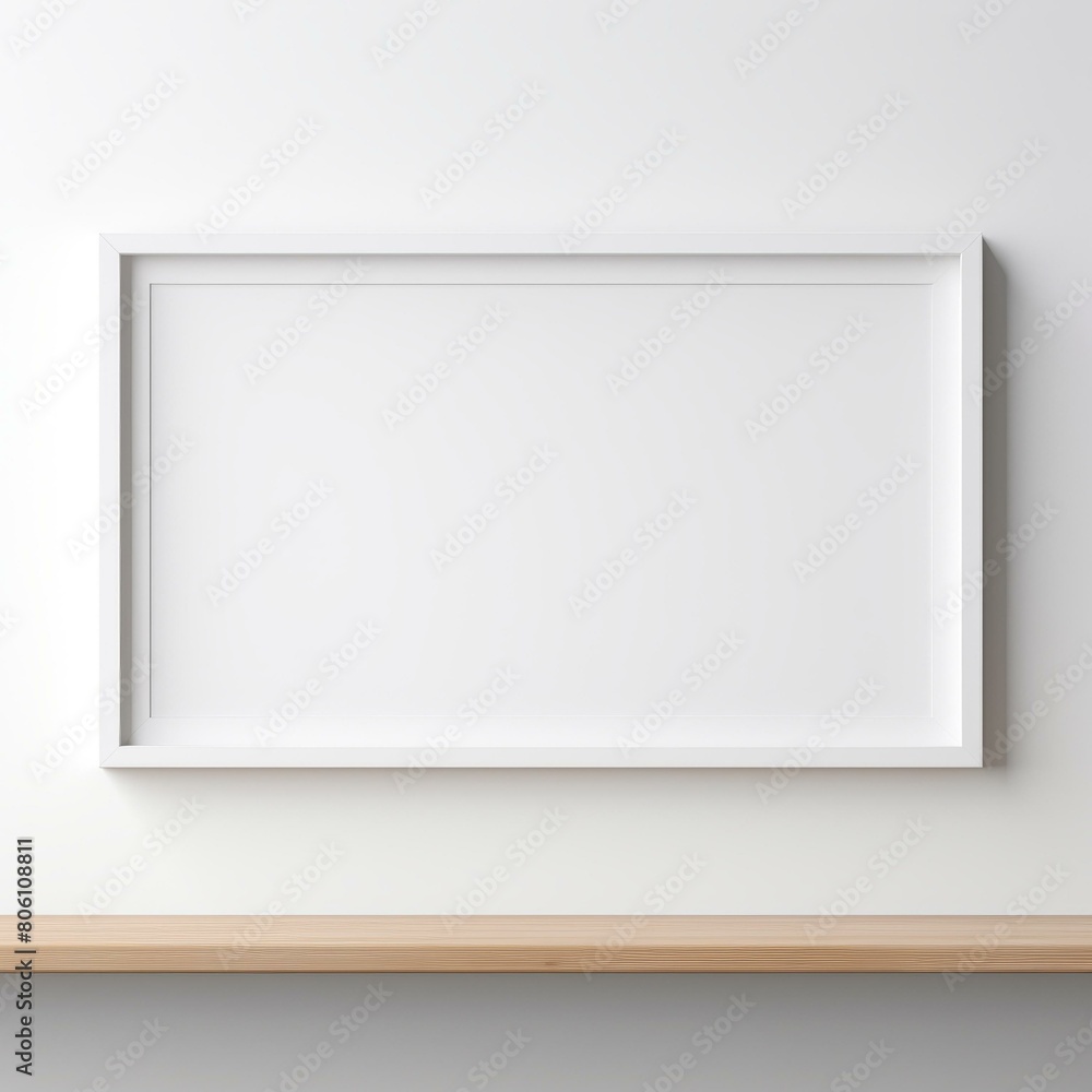 White picture frame hanging on the wall above the wooden shelf White picture frame hanging on the wall above the wooden shelf