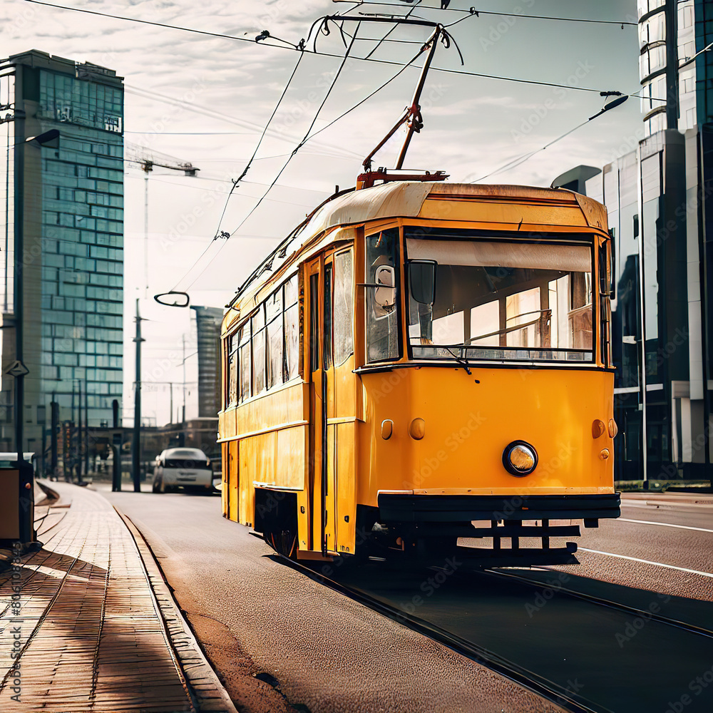yellow vintage tram on the streets of a modern city, Ai generated