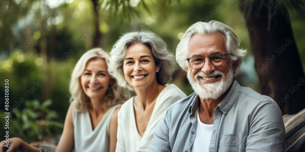 Three smiling people sitting on a bench in a park Three smiling people sitting on a bench in a park