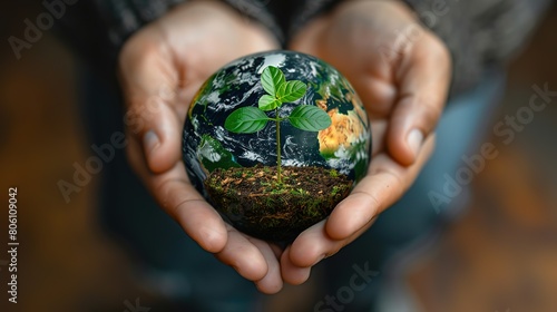 A pair of hands holding a green plant with the globe visible in the background, representing global conservation efforts , Generative Ai 