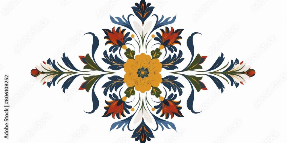 Ornate Floral Emblem with Symmetrical Design on White Background. Design for background, graphic design, print, poster, interior, packaging paper Ornate Floral Emblem with Symmetrical Design on White Background. Design for background, graphic design, print, poster, interior, packaging paper
